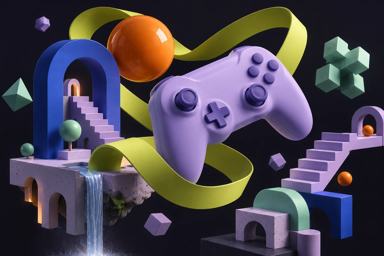 Original 3D artwork of a lavender controller, colourful geometric pieces and a looping lime ribbon